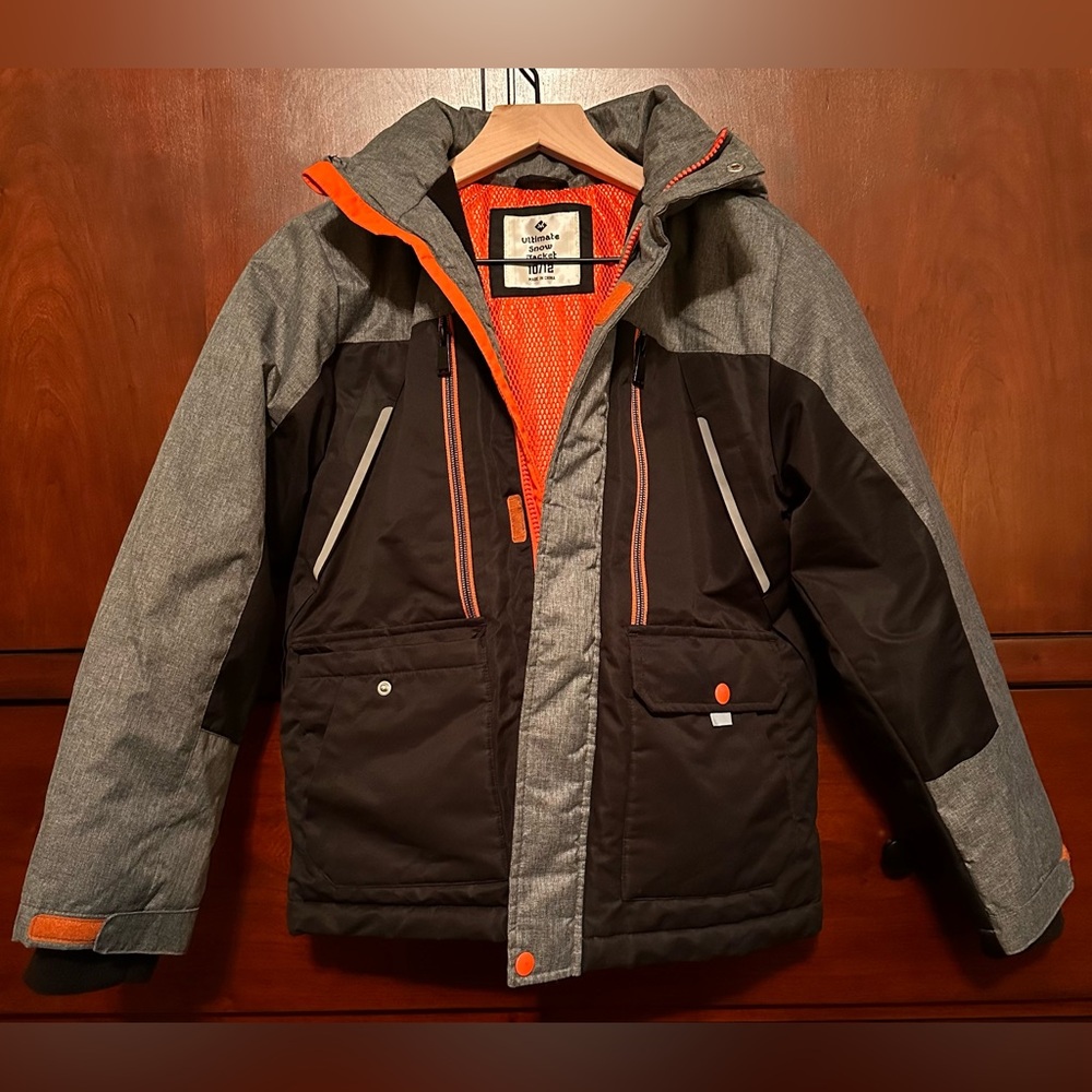 KIDS MEMBER’S MARK ULTIMATE GRAY, BLACK, ORANGE SNOW JACKET HOOD COAT - SIZE 10